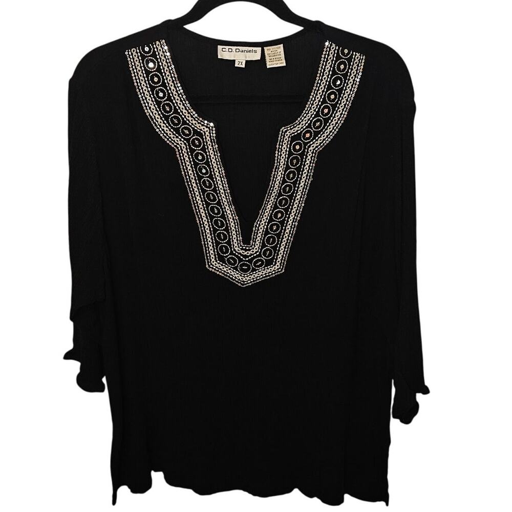 C.D. Daniels Black Blouse – 2X – Silver Embellishments & Sequins